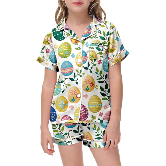 Easter Girls Satin Pajamas Set Cute Bunny Outfit Easter Button up Short Sleeve Shirt And Shorts Pajamas Set Summer Pajamas Toddler