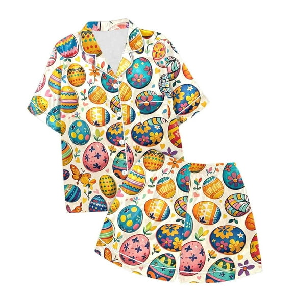 Easter Girls Satin Pajamas Set Easter Egg Cartoon Printed Button up Short Sleeve Pajamas Set Toddler Clothes Easter