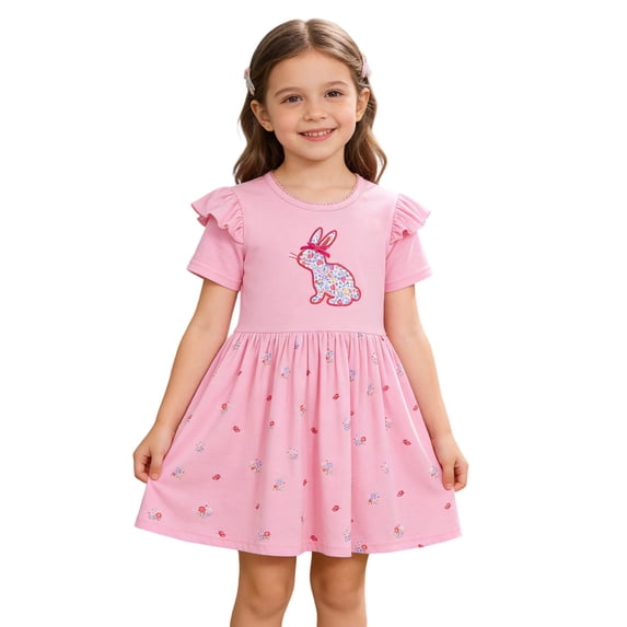 Easter Girls Summer Dress With Bunny Flutter Sleeve And Allover Print Floral Party Dress