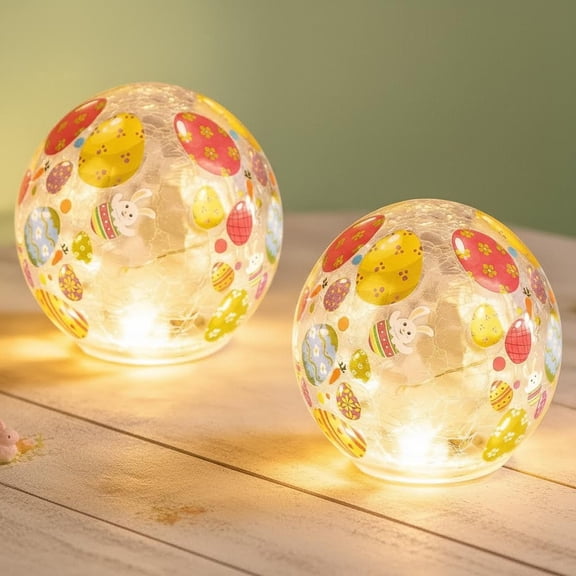 Easter Glass Ball Lights, Easter Egg Bunny Crackle LED Lights Decorations, Lighted Glass Ball Tabletop Sphere Lamp Decorative Battery Operated for Holiday Indoor Party Table Decor
