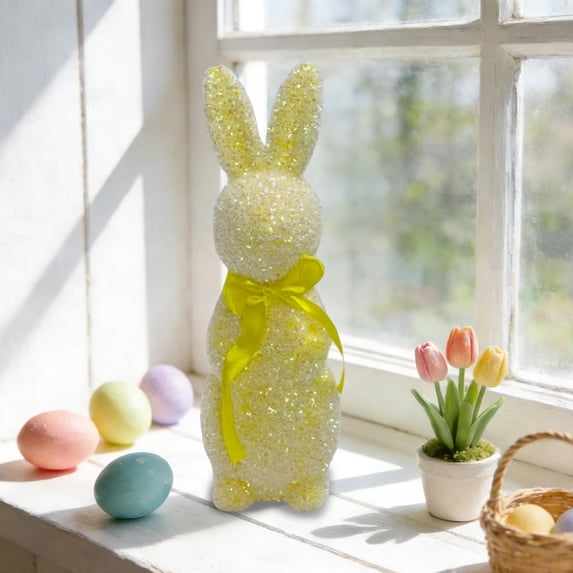 Easter Glitter Bunny Decor with Bow, Multicolor Sparkle Rabbit Ornament for Home Garden Yard Spring Festival Decor