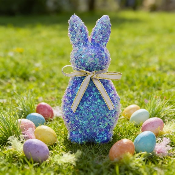 Easter Glitter Bunny Figurine Decor, Sparkle Sequin Rabbit Ornament with Bow for Spring Tabletop Home Party Decor