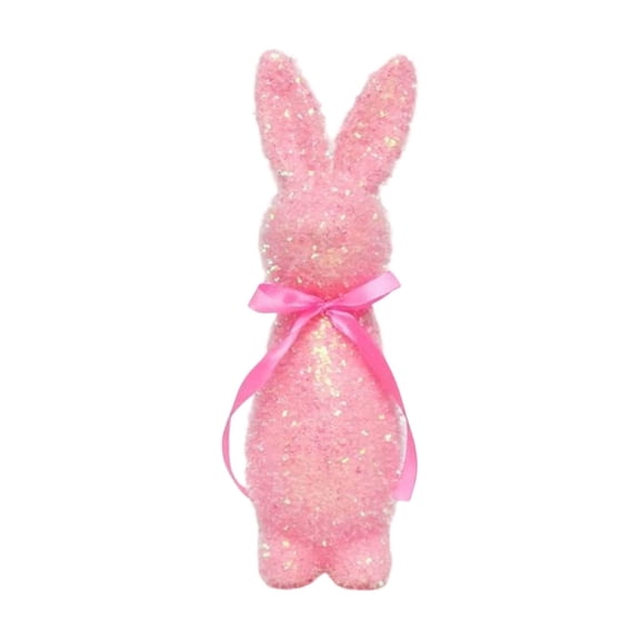 Easter Glitter Tinsel Bunny Figurines, 9.6 inch Shiny Flocked Foam Bunny Figurines Easter Glitter Flocked Bunny Table Decor Spring Rabbit Figurines with Bow Tie for Home office Indoor Party - Pink