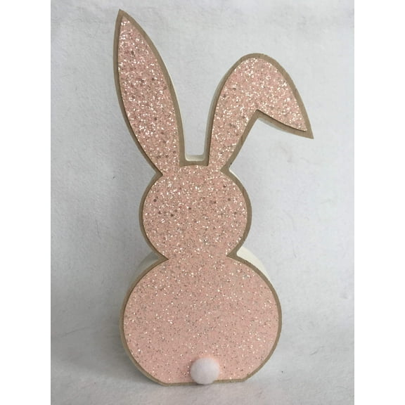 Easter Glittered Bunny With Cotton Tail Wood Block Sitter