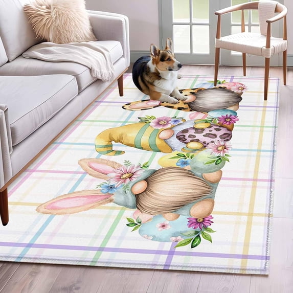 Easter Gnome Area Rugs 3x5 ft Spring Gnome Eggs Floral Colorful Plaid Washable Rug Non Slip Indoor Carpet Absorbent Floor Mat for Living Room Bedroom Dining Room