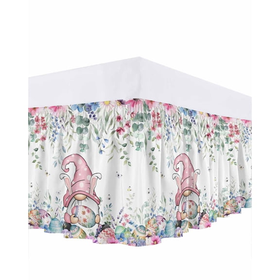 Easter Gnome Bed Skirt King Size 16 Inch Drop, Watercolor Pink Blue Green Easter Eggs Floral Leaf Plant Adjustable Elastic Dust Ruffles Bedskirt for King Bed Wrap Around Pleated Mattress Frame Cover
