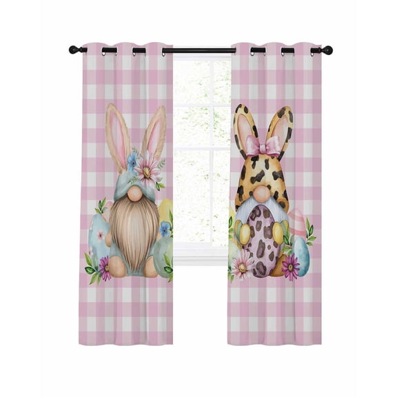 Easter Gnome Blackout Curtains for Bedroom Living Room, Spring Gnome Eggs Floral Pink White Plaid 96 In Long Thermal Insulated Room Darkening Drapes Grommet Window Treatments, 52 x 96 In