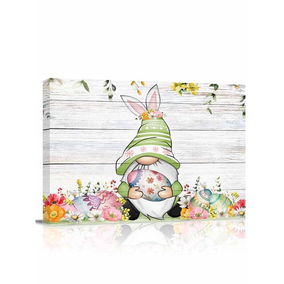 Easter Gnome Canvas Print Wall Art Spring Floral Leaf Botanical Gnome Colorful Eggs Wood Grain Pictures Painting Morden Artwork for Living Room Bedroom, Ready to Hang - 12"x16"