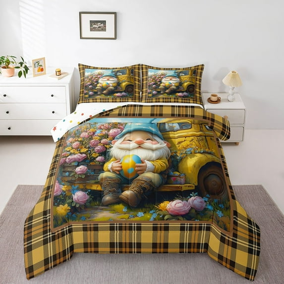 Easter Gnome Comforter Set Queen Size,Spring Garden Truck Watercolor Flowers Bedding Set for Teens Adults,Vintage Yellow Brown Plaids Grids Patchwork Down Comforter,3 Pcs 2 Pillowcases