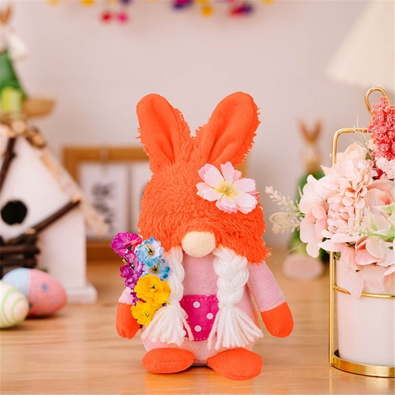 Easter Gnome Doll with Bunny Ears - Faceless Old Man Elf Figurine for Home Decor, Shelf, Tiered Tray, or Gift - Festive Spring & Easter Decoration, 8 Inches Orange