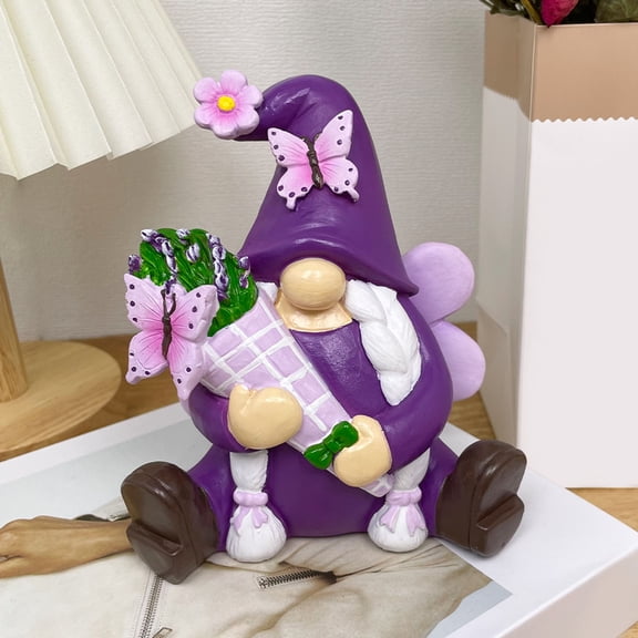 Easter Gnome Figurines Decor, Resin Garden Gnome Decorations for Home Indoor Outdoor Purple Spring Fall Decoration Farmhouse Butterfly Figurine for Thankgiving Day