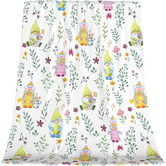 Easter Gnome and Flower Throw Blanket Spring Cute Easter Egg Lightweight Soft Cozy Flannel Fleece Blankets for Bed Living Room Bedroom Couch Chair Sofa Travel Easter Gifts 50" x 60"