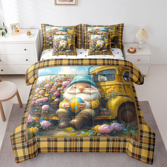 Easter Gnome King Bedding Set 7 Pieces,Spring Garden Truck Watercolor Flowers Comforter Set with Sheets ,Vintage Yellow Brown Plaids Grids Patchwork Bed Set in a Bag with Pillow Covers