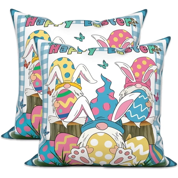 Easter Gnome Pillow Covers 16x16 Set of 2, Bunny Rabbit Eggs Throw Pillow Covers Blue Buffalo Plaid Pillowcase Farmhouse Decorations Cushion Case for Home Outdoor Yard