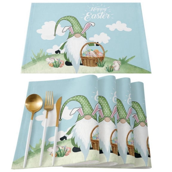 Easter Gnome Placemats Set of 4,Colorful Rabbits Eggs Wood Texture Stain Resistant Table Mats, Washable Placemat Decoration for Kitchen Farmhouse Table,12"x18"