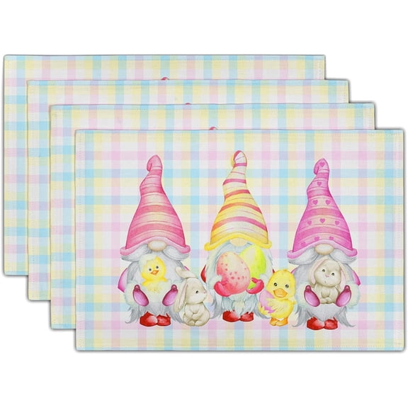 Easter Gnome Placemats Set of 4- Cute Easter Bunny Duck Linen Table Place Mat with Buffalo Check Plaids- Easter Eggs Rabbit Spring Elf Non-Slip Table Mats for Dining Kitchen Holiday Decor