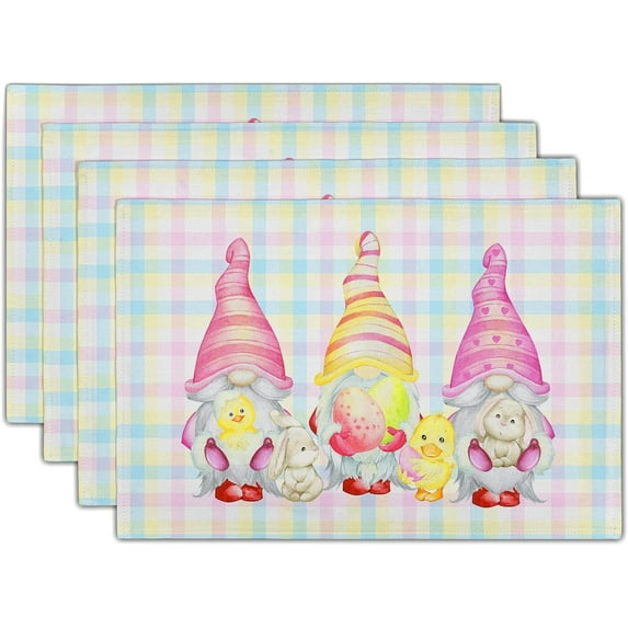 Easter Gnome Placemats Set of 4- Cute Easter Bunny Duck Linen Table Place Mat with Buffalo Check Plaids- Easter Eggs Rabbit Spring Elf Non-Slip Table Mats for Dining Kitchen Holiday Decor