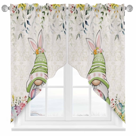 Easter Gnome Swag Kitchen Curtain Valances, Spring Floral Leaf Botanical Gnome Colorful Egg Rod Pocket Curtains Window Treatment Decor Valances for Bedroom Bathroom, 2 Panels 36 x 36 Inch