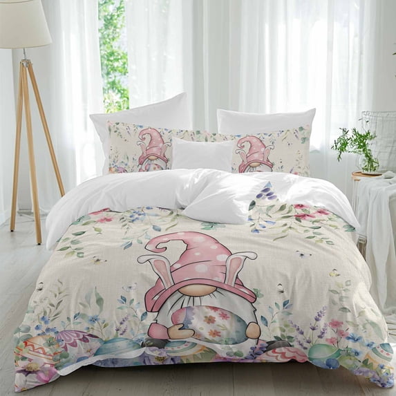 Easter Gnome Twin Size Comforter Set, Pink Blue Green Easter Eggs Floral Leaf Linen Texture Bedding for All Seasons, 4 Pcs Bed Set, 1 Quiltcover (68"x86") ,1Sheet(67"x116"), 2Pillowcases (30"x20")