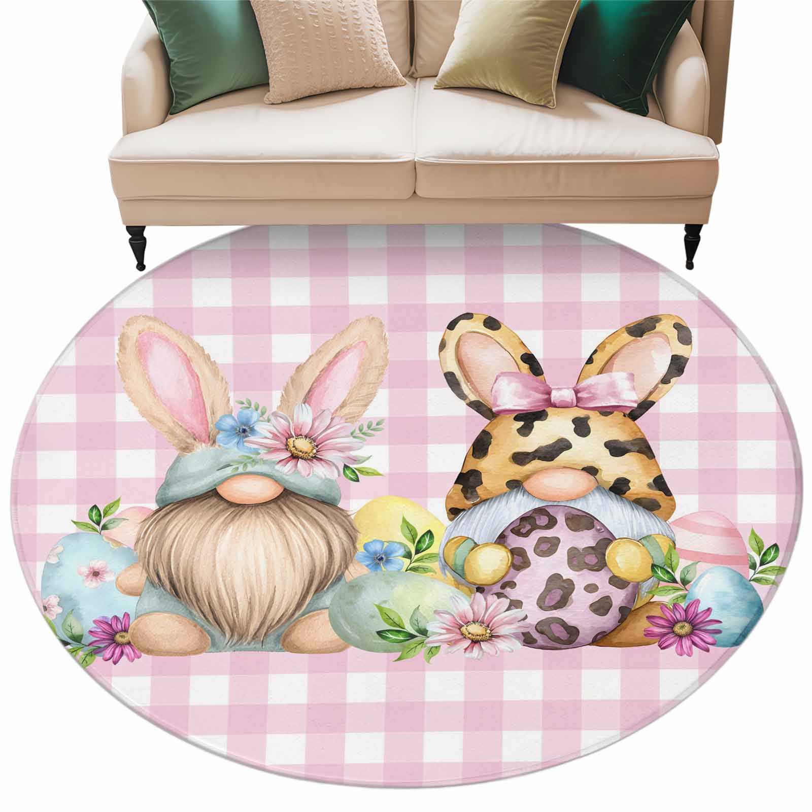 Round Easter Rug Easter Gnome Washable Round Area Rug 7 ft, Spring Gnome Eggs Floral ...
