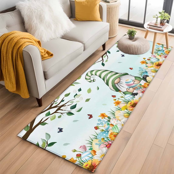 Easter Gnomes 2'x6' Runner Rugs for Hallway Kitchen Bedside Non Slip, Spring Watercolor Eggs Country Flower Plant Entryway Rug Runners with Rubber Backing, Long Carpet Runner for Laundry Room