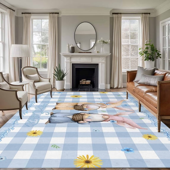 Easter Gnomes Area Rug 5x7 Washable Rug Non Slip Watercolor Eggs Basket Daisy Spring Blue Plaid Large Area Rug Soft Stainresistant Indoor Floor Carpet for Living Room Bedroom Home Office Dining Room