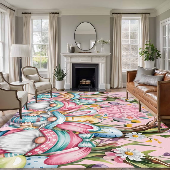 Easter Gnomes Area Rug 5x8 Washable Rug Non Slip Colorful Eggs Spring Flowers Branches Pink Large Area Rug Soft Stainresistant Indoor Floor Carpet for Living Room Bedroom Home Office Dining Room