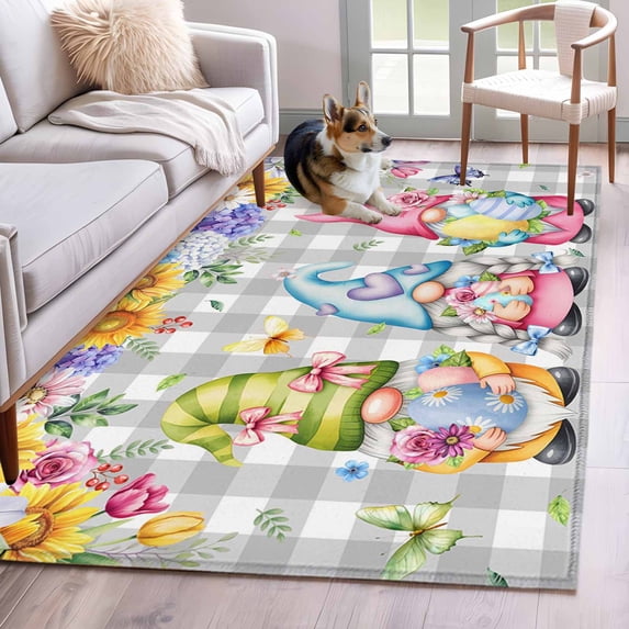Easter Gnomes Area Rugs 3'x5', Small Throw Rugs for Living Room Bedroom, Spring Floral Eggs Flowers Butterflies Gray Plaid Indoor Outdoor Rug Non-Slip Low Pile Carpet Runner Reversible Floor Mats