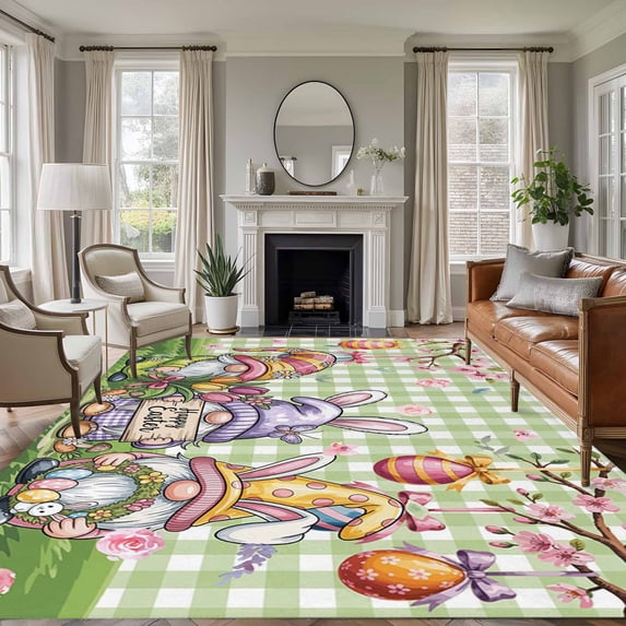 Easter Gnomes Area Rugs 5'x7', Small Throw Rugs for Laundry Room Playroom, Easter Eggs Spring Tulip Flower Green Plaid Indoor Outdoor Rug Non-Slip Low Pile Carpet Runner Reversible Floor Mats