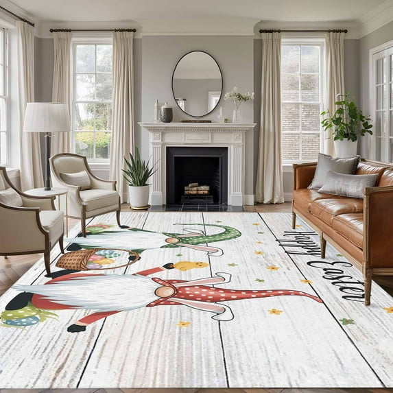 Easter Gnomes Area Rugs 5'x7', Washable Small Throw Rugs for Laundry Room Playroom, Spring Farmhouse Bunny Eggs Wooden Grain Indoor Outdoor Rug Non-Slip Low Pile Carpet Runner Reversible Floor Mats