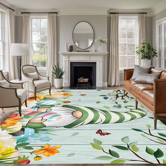 Easter Gnomes Area Rugs 8'x10', Washable Small Throw Rugs for Living Room Patio, Spring Watercolor Eggs Flower Wood Grain Teal Indoor Outdoor Rug Non-Slip Low Pile Carpet Runner Reversible Floor Mats