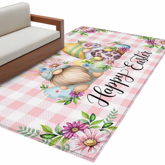 Easter Gnomes Area Rugs Collection 3'x5', Watercolor Floral Daisy Eggs Spring Pink Plaid Non Slip Indoor Rectangle Throw Runner Rug Floor Mat Carpet for Living Room Dining Table Bedroom Nursery