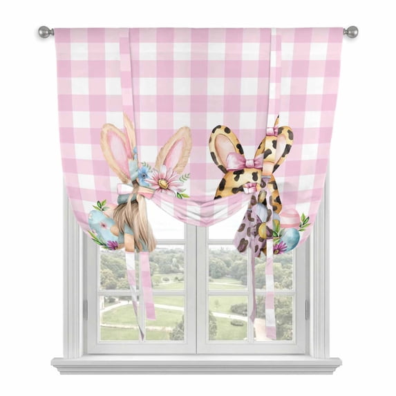 Easter Gnomes Balloon Curtains 63 Inch Length for Living Room/Bedroom, Eggs Rabbit Spring Daisy Floral Pink Checkered Rod Pocket Privacy Door Curtains Decorative Tie Up Shade for Window 52"x63"