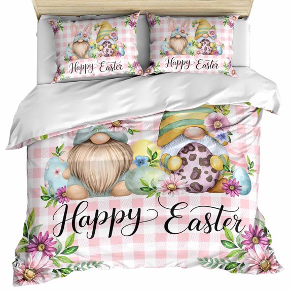 Easter Gnomes Bedding 3 Piece Duvet Cover Set Twin Size, Watercolor Floral Daisy Eggs Spring Pink Plaid Microfiber Comforter Cover with Zipper Closure & Pillowcases, FadeResistant Quilt Cover