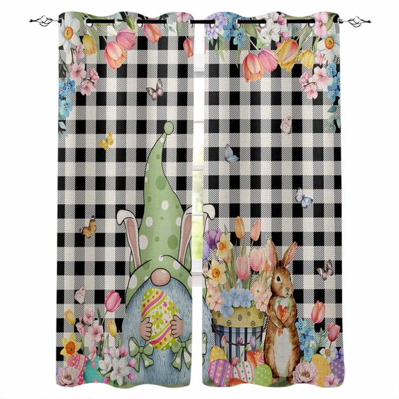 Easter Gnomes Blackout Curtains for Bedroom, Thermal Insulated Window Treatment, Spring Watercolor Bunny Tulip Black Plaid Grommet Top Blackout Draperies and Drapes for Basement 27.5"x39" 2 Panels