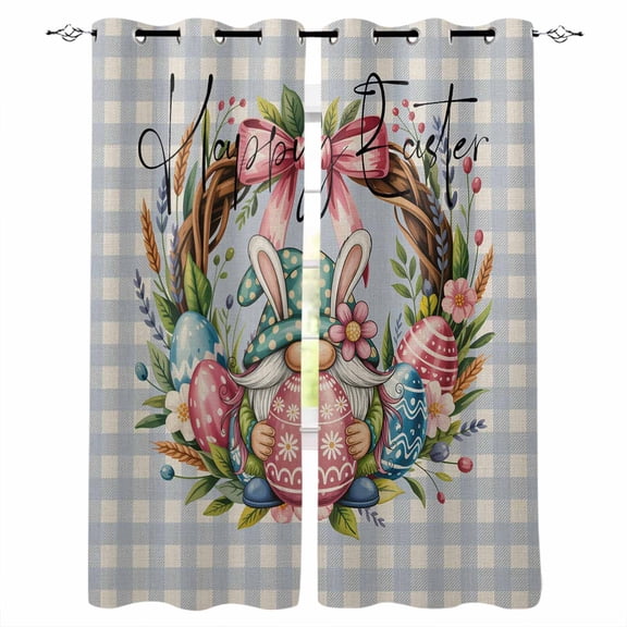 Easter Gnomes Blackout Curtains for Bedroom, Thermal Window Treatment, Colorful Eggs Flowers Ring Vintage Blue Plaid Grommet Top Blackout Draperies and Drapes for Basement 27.5"x39" 2 Panels