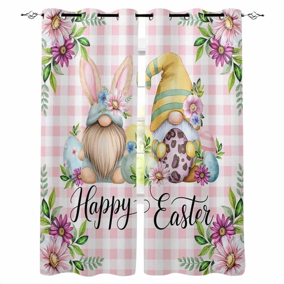 Easter Gnomes Blackout Curtains for Bedroom, Thermal Window Treatment, Watercolor Floral Daisy Eggs Spring Pink Plaid Grommet Top Blackout Draperies and Drapes for Basement 27.5"x39" 2 Panels