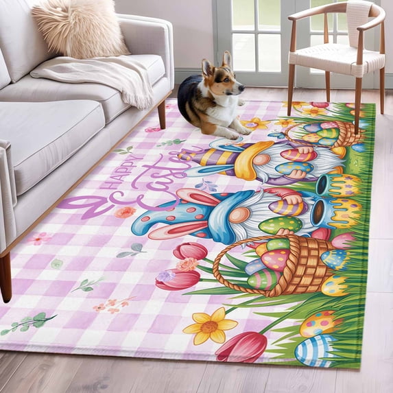 Easter Gnomes Bunnies Area Rugs 2.7'x5', Washable Small Throw Rugs for Kitchen Bedroom, Spring Easter Eggs Floral Purple Plaid Indoor Outdoor Rug Non-Slip Low Pile Carpet Runner Reversible Floor Mats