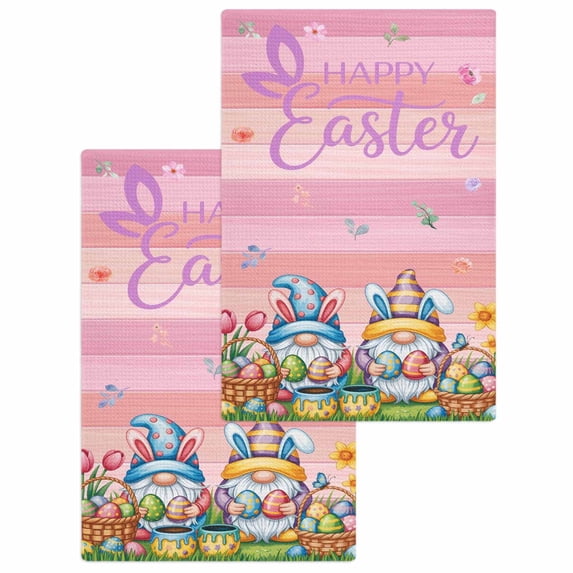 Easter Gnomes Bunnies Kitchen Dish Towels for Drying Dishes Set of 2, Spring Easter Eggs Floral Pink Wood Waffle Weave Microfiber Hand Tea Bathroom Towels Quick Dry & Absorbent Towel 15.7x23.6