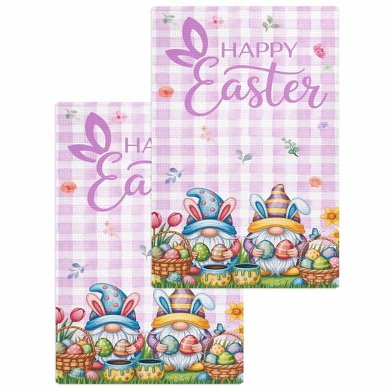 Easter Gnomes Bunnies Kitchen Dish Towels for Drying Dishes Set of 2, Spring Easter Eggs Floral Purple Plaid Waffle Weave Microfiber Hand Tea Bathroom Towels Quick Dry & Absorbent Towel 15.7x23.6