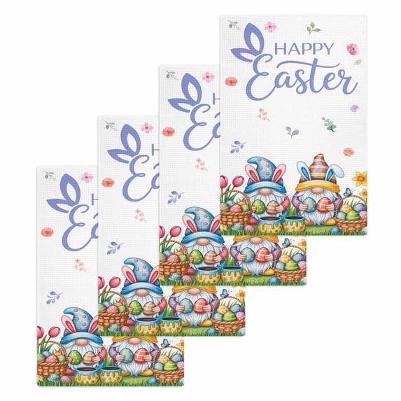 Easter Gnomes Bunnies Kitchen Dish Towels for Drying Dishes Set of 4, Spring Easter Eggs Floral Leaves Waffle Weave Microfiber Hand Tea Bathroom Towels Quick Dry & Absorbent Towel 15.7x23.6