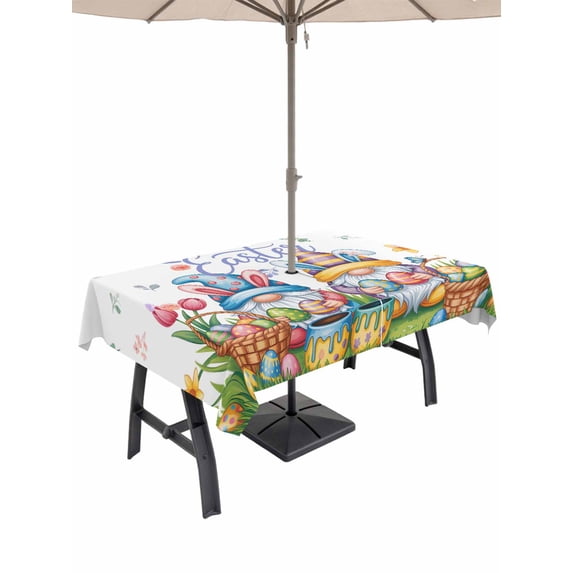 Easter Gnomes Bunnies Outdoor Tablecloth - 60x102 Inch Rectangle Dining Table Cover, Spring Easter Eggs Floral Leaves Waterproof Outdoor Table Cloth with Umbrella Hole & Zipper for Picnic/Patio/Party