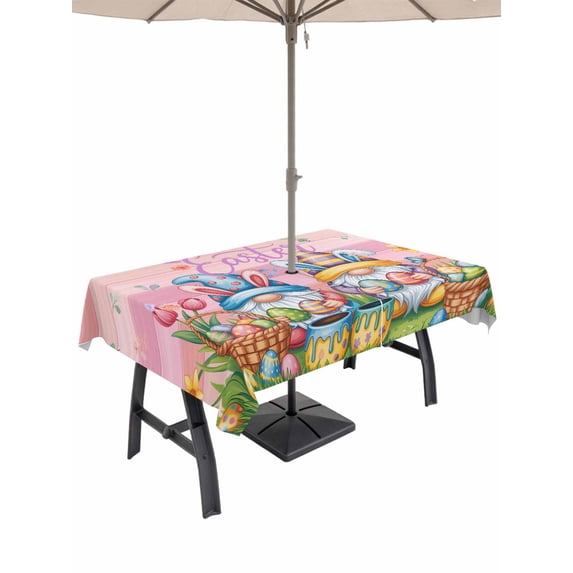 Easter Gnomes Bunnies Outdoor Tablecloth - 60x102 Inch Rectangle Dining Table Cover, Spring Easter Eggs Floral Pink Wood Waterproof Outdoor Table Cloth with Umbrella Hole & Zipper for Picnic/Patio