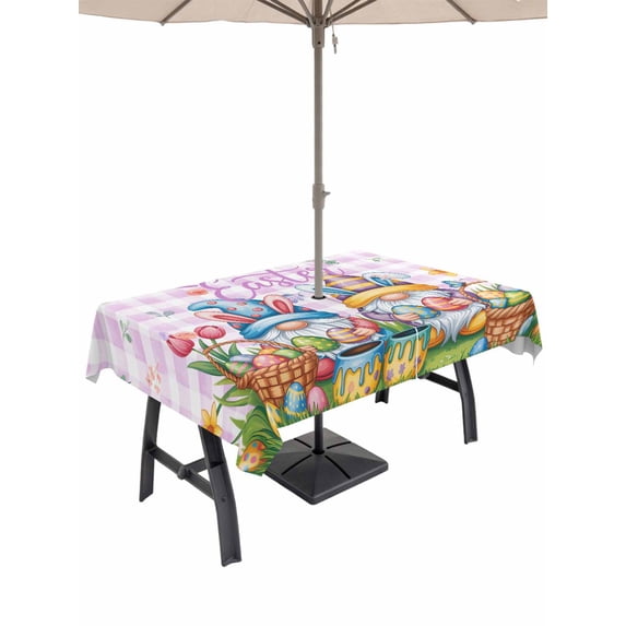 Easter Gnomes Bunnies Outdoor Tablecloth - 60x120 Inch Rectangle Dining Table Cover, Spring Easter Eggs Floral Purple Plaid Waterproof Outdoor Table Cloth with Umbrella Hole & Zipper for Picnic/Patio