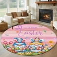 thumbnail image 1 of Easter Gnomes Bunnies Round Area Rug 5ft, Spring Easter Eggs Floral Pink Wood Washable Non-Slip Circle Rugs for Bedroom Living Room Kitchen, Soft Low Pile Carpet for Dining Room Playroom Nursery, 1 of 9