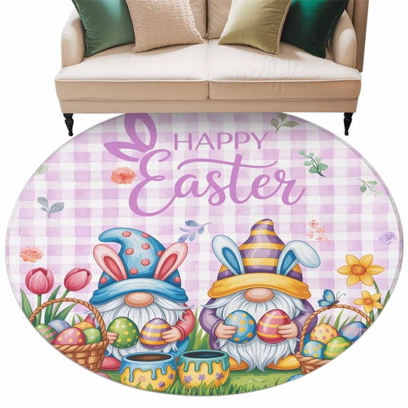 Easter Gnomes Bunnies Round Area Rugs Collection 7', Spring Easter Eggs Floral Purple Plaid Non Slip Indoor Circular Throw Runner Rug Floor Mat Carpet for Living Room Dining Table Bedroom Nursery