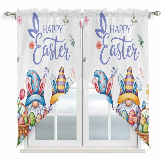 Easter Gnomes Bunnies Swag Valances for Windows, Kitchen Curtains 36 Inch Length 2 Panels Set, Spring Easter Eggs Floral Leaves Short Curtains for Small Windows Rod Pocket Cafe Curtains 28"x36"