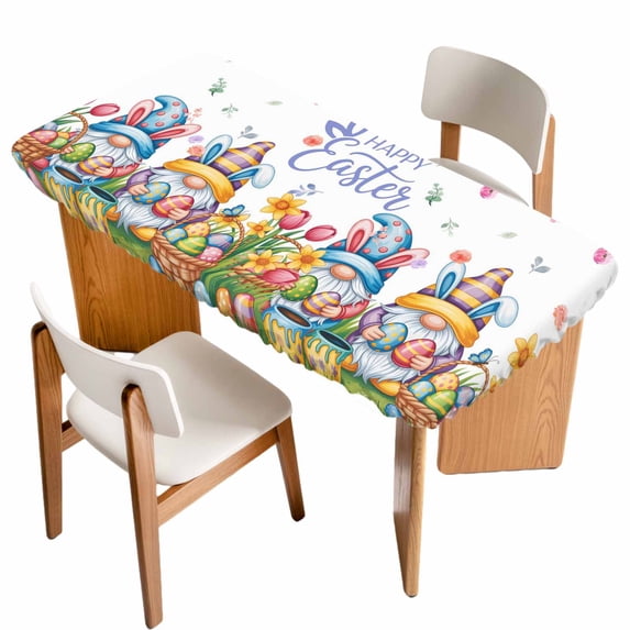 Easter Gnomes Bunnies Table Cloths for 4 Foot Rectangle Tables, Spring Easter Eggs Floral Leaves Patio Waterproof Elastic Fitted Tablecloths, Washable Rectangular Table Cover for Camping