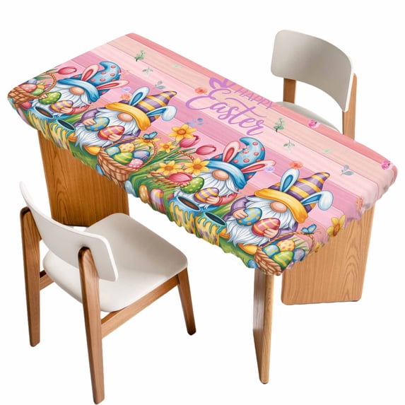 Easter Gnomes Bunnies Table Cloths for 6 Foot Rectangle Tables, Spring Easter Eggs Floral Pink Wood Patio Waterproof Elastic Fitted Tablecloths, Washable Rectangular Table Cover for Camping