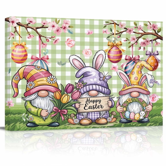 Easter Gnomes Canvas Print Wall Art Spring Watercolor Eggs Floral Branches Green Plaid Pictures Painting Morden Artwork for Living Room Bedroom, Ready to Hang - 12"x16"